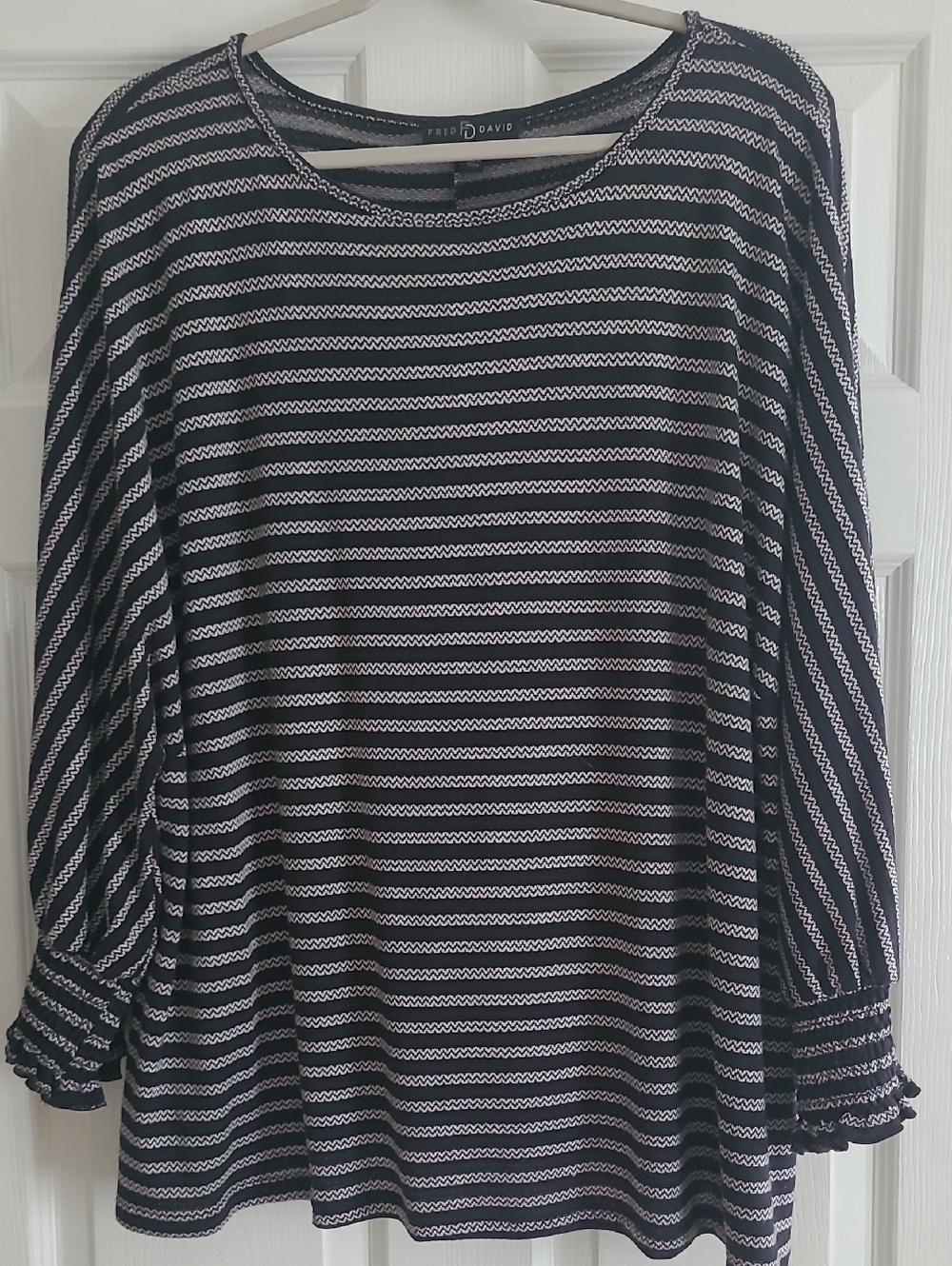 Fred David Black and White Striped Long Sleeve Tee with Ruffle Cuffs